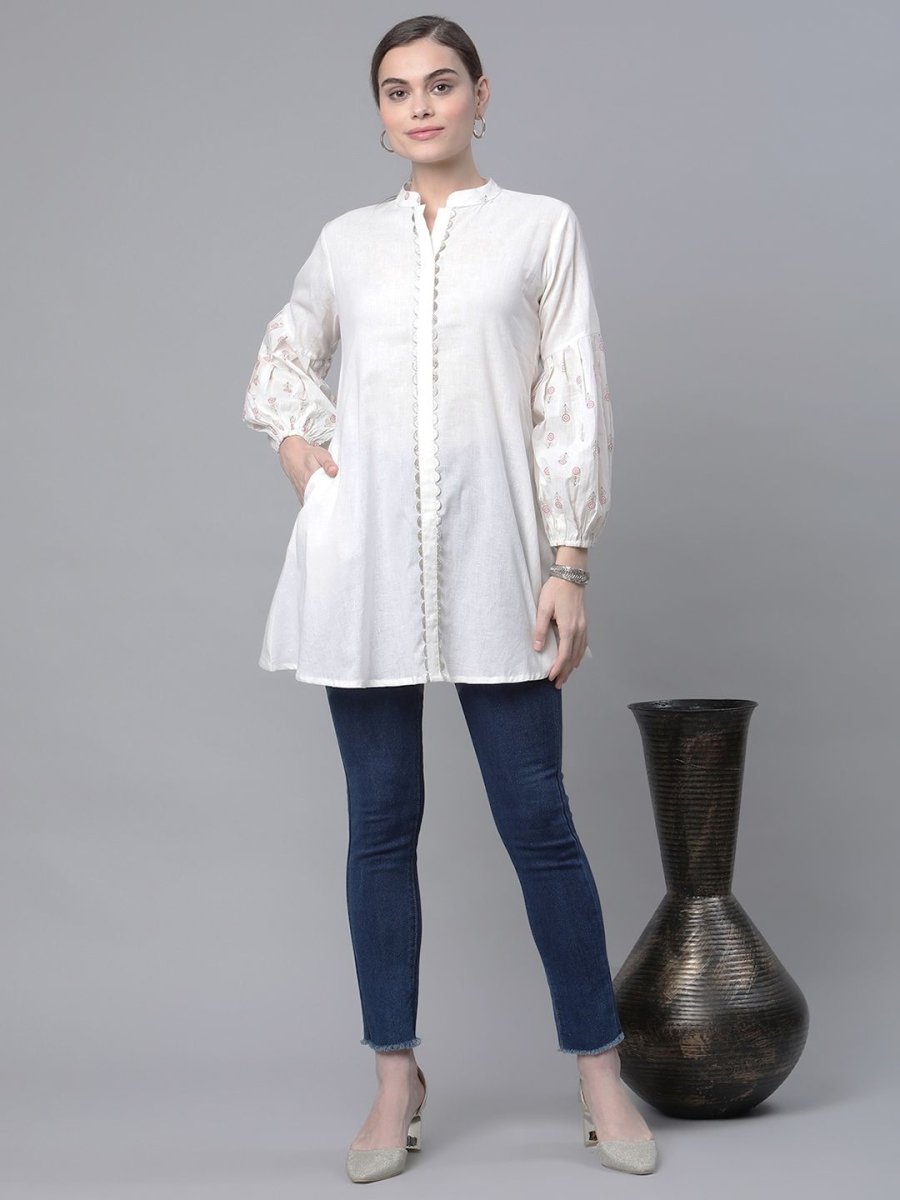 Ahalyaa Women Off White Pure Cotton Printed Tunic | Swadesiicart