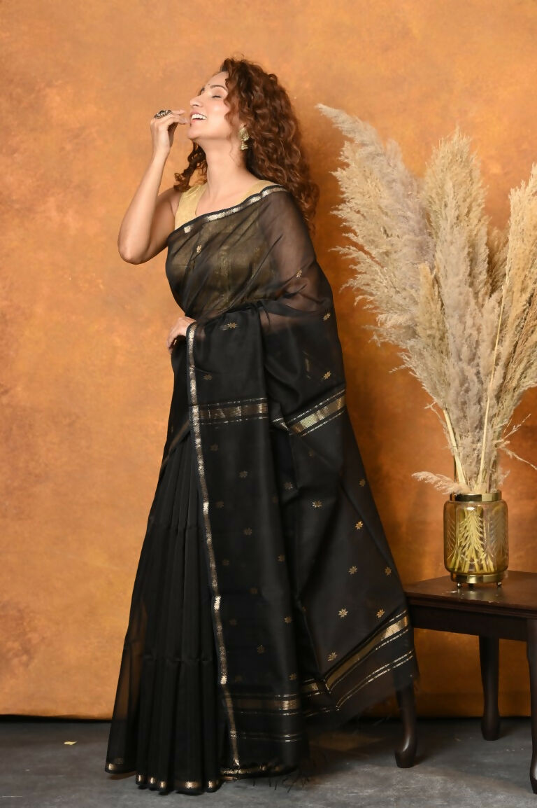 Very Much Indian Handloom Pure Cotton Silk Saree With Sleek Golden Border - Black | Swadesiicart