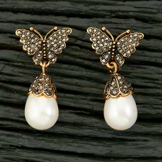 Joban Fashion Women Brass Golden White Ad Earrings - Swadesiicart