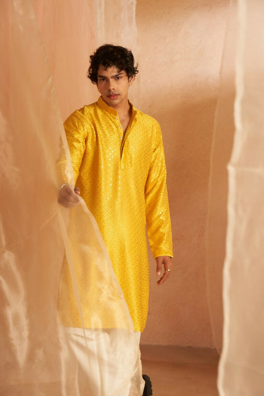 Yellow Viscose Chikankari Embroidery Work Men's Traditional Kurta Set - Mahotsav | Swadesiicart