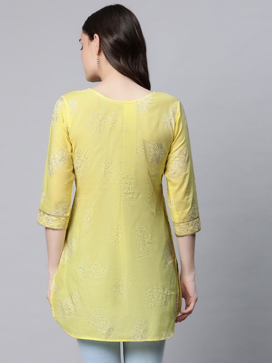 Ahalyaa Women Yellow Pure Cotton Glitter Print Tunic | Swadesiicart