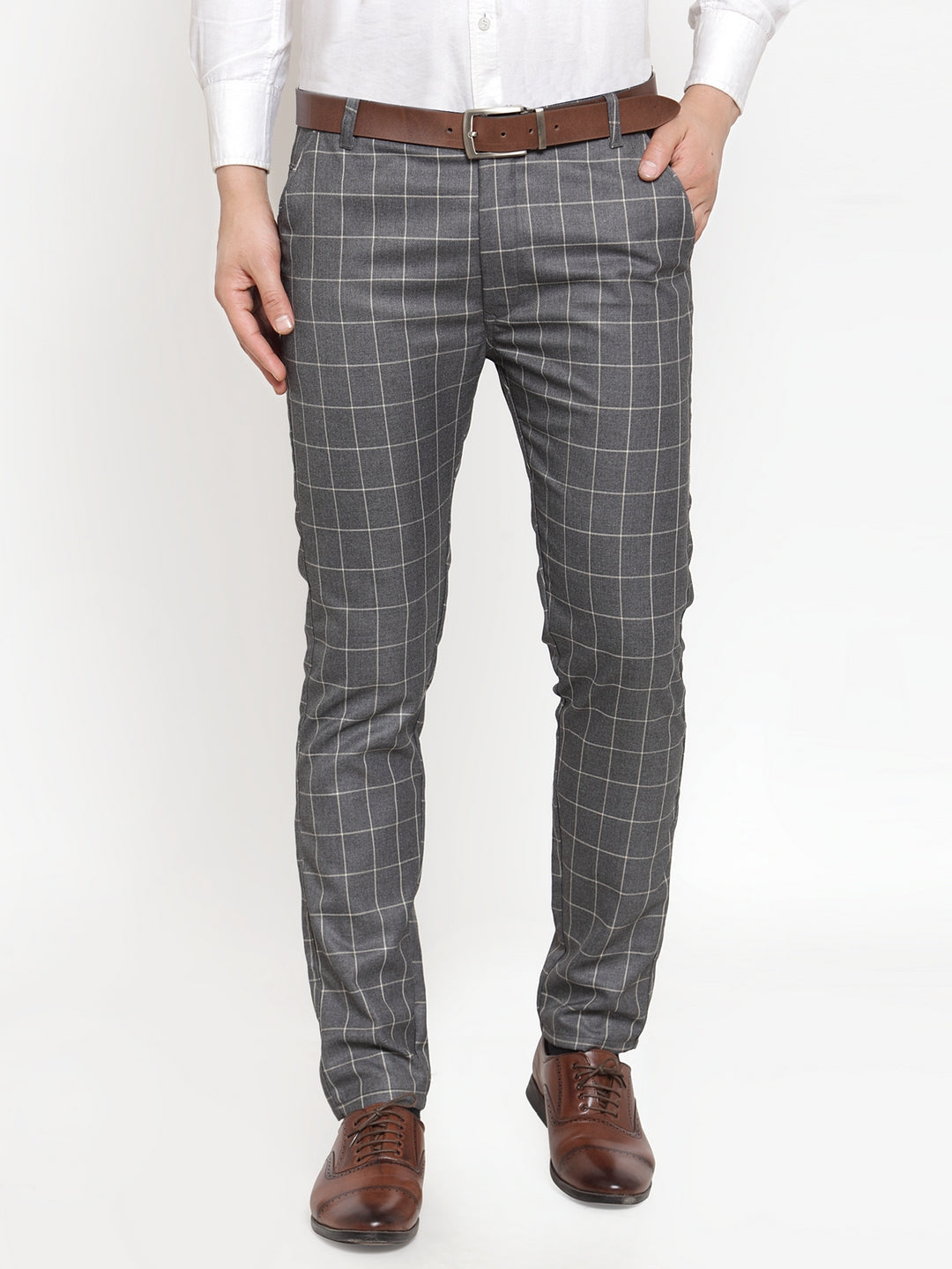 Jainish Men's Grey Checked Formal Trousers ( GP 254Grey ) | Swadesiicart