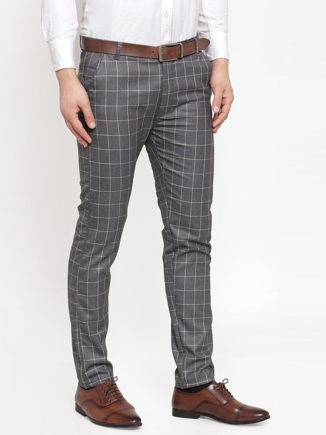 Jainish Men's Grey Checked Formal Trousers ( GP 254Grey ) | Swadesiicart