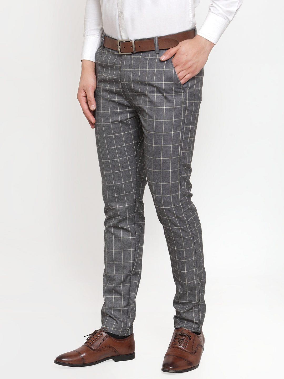 Jainish Men's Grey Checked Formal Trousers ( GP 254Grey ) | Swadesiicart