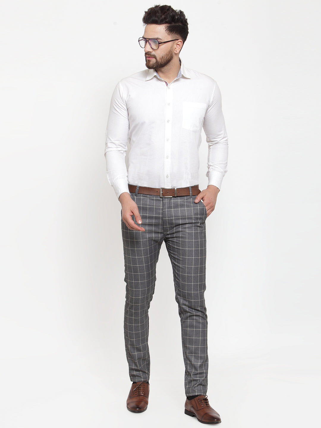 Jainish Men's Grey Checked Formal Trousers ( GP 254Grey ) | Swadesiicart