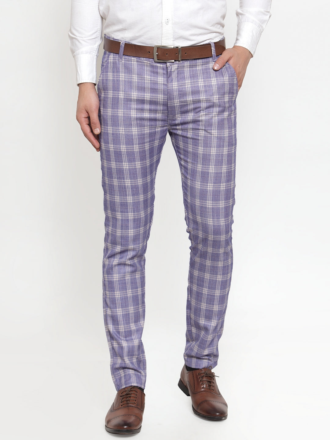 Jainish Men's Blue Checked Formal Trousers ( GP 254Light-Blue ) | Swadesiicart