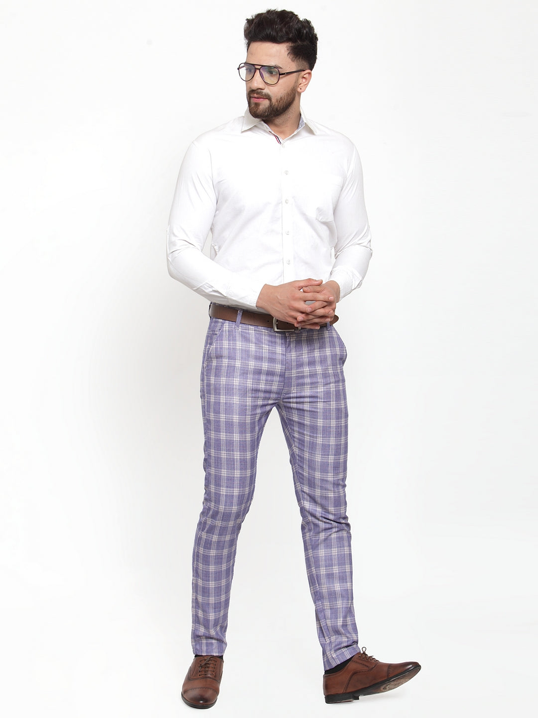 Jainish Men's Blue Checked Formal Trousers ( GP 254Light-Blue ) | Swadesiicart