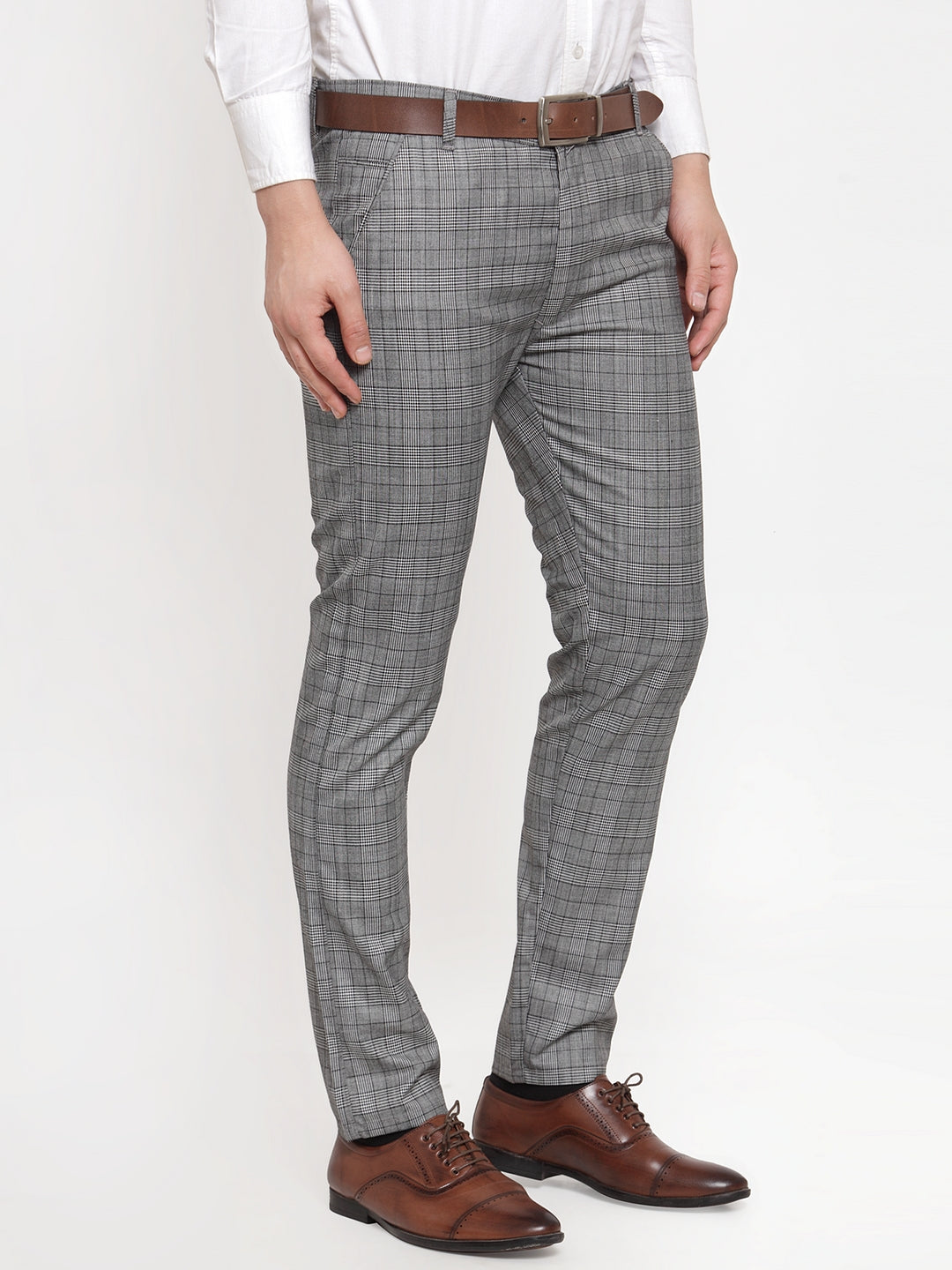 Jainish Men's Grey Checked Formal Trousers | Swadesiicart