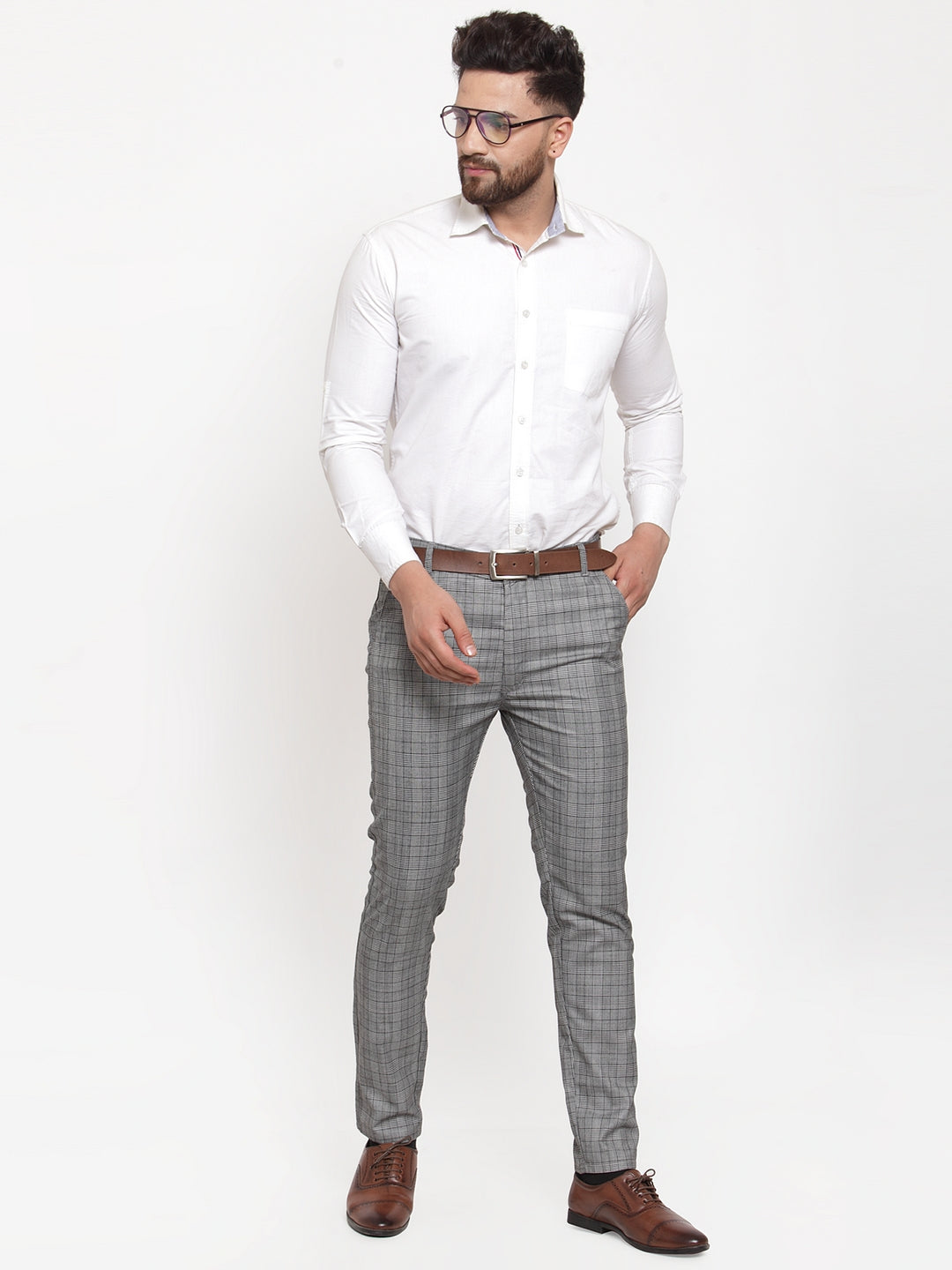 Jainish Men's Grey Checked Formal Trousers | Swadesiicart