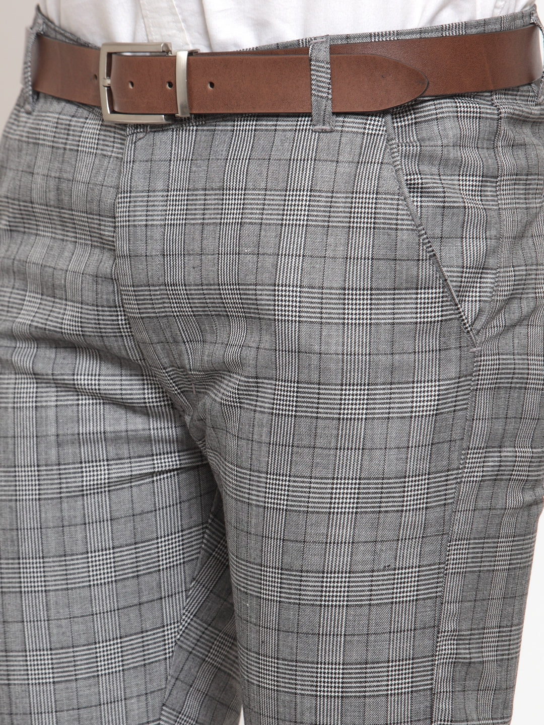 Jainish Men's Grey Checked Formal Trousers | Swadesiicart