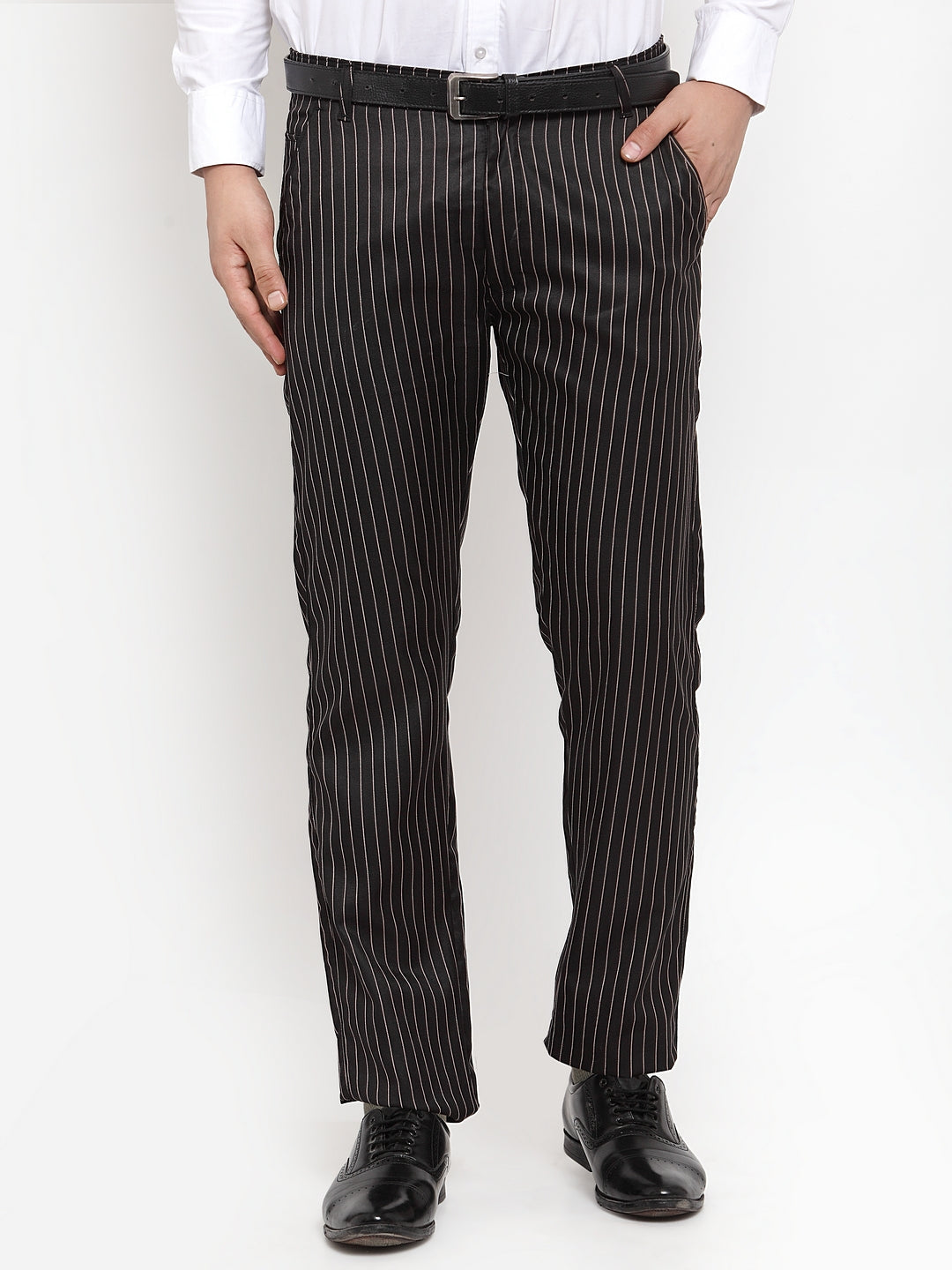 Jainish Men's Black Cotton Striped Formal Trousers ( FGP 255Black ) | Swadesiicart