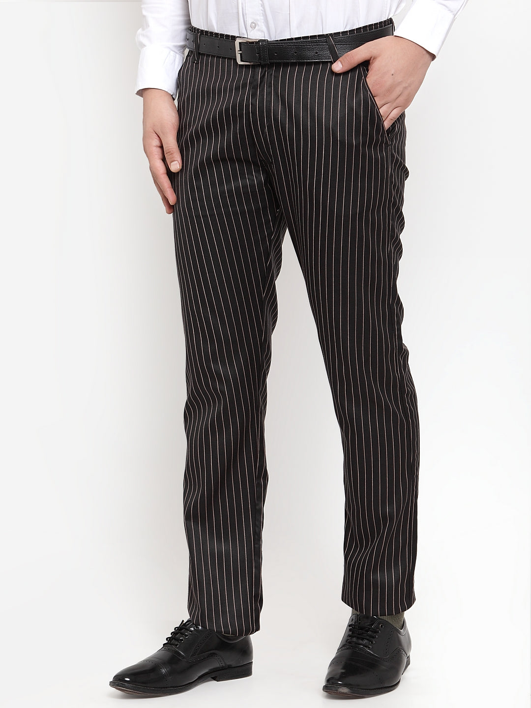 Jainish Men's Black Cotton Striped Formal Trousers ( FGP 255Black ) | Swadesiicart