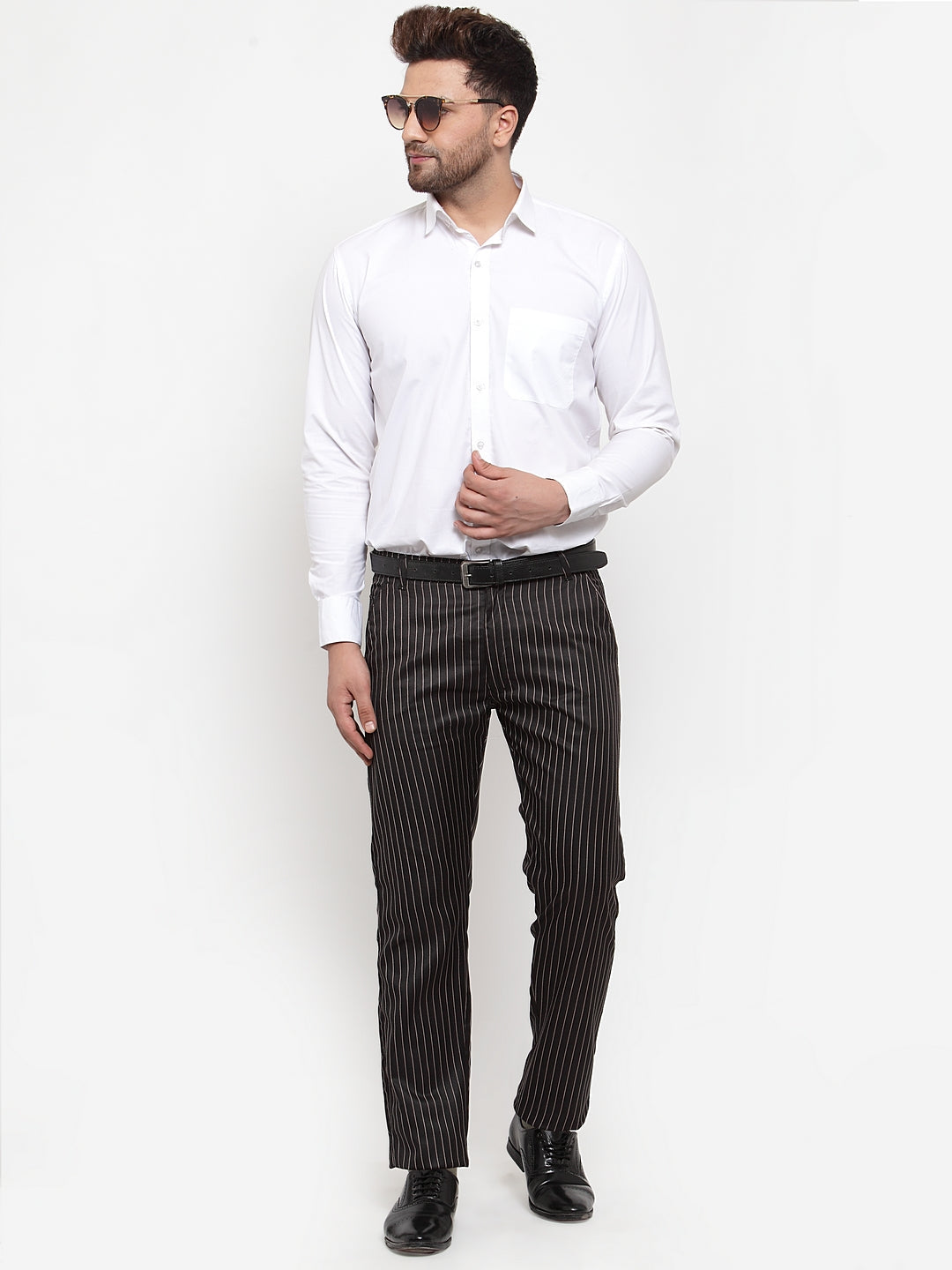 Jainish Men's Black Cotton Striped Formal Trousers ( FGP 255Black ) | Swadesiicart