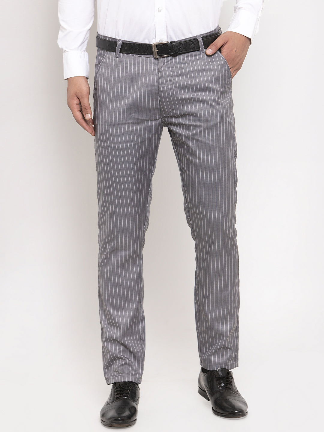 Jainish Men's Grey Cotton Striped Formal Trousers ( FGP 255Grey ) | Swadesiicart