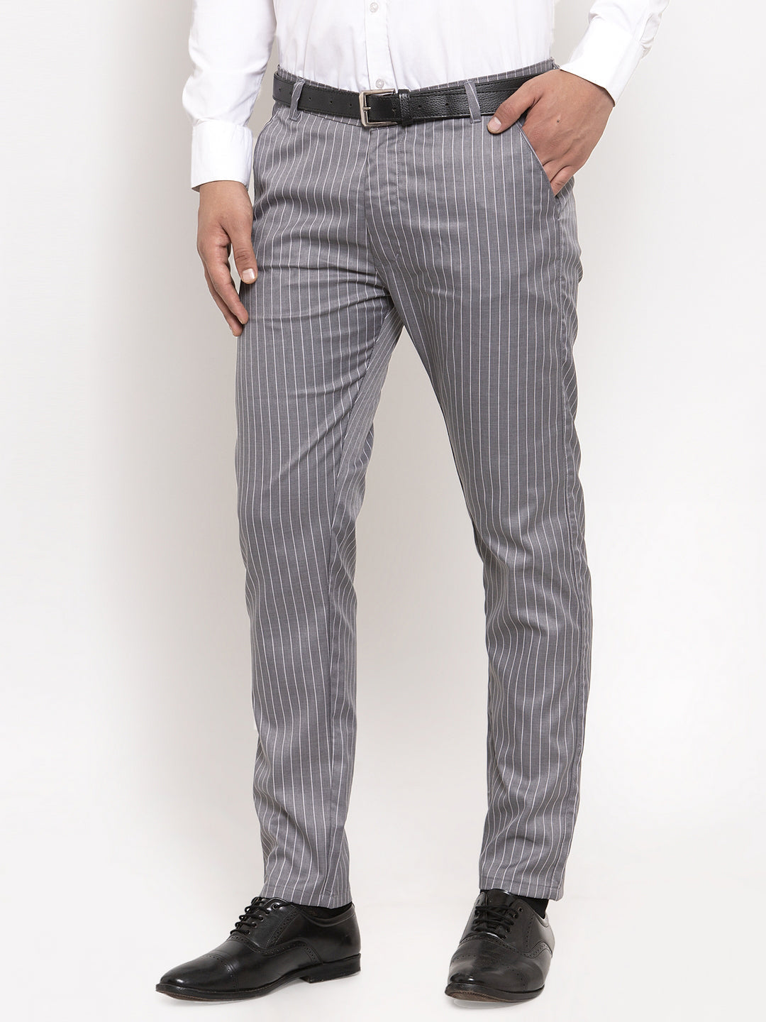 Jainish Men's Grey Cotton Striped Formal Trousers ( FGP 255Grey ) | Swadesiicart