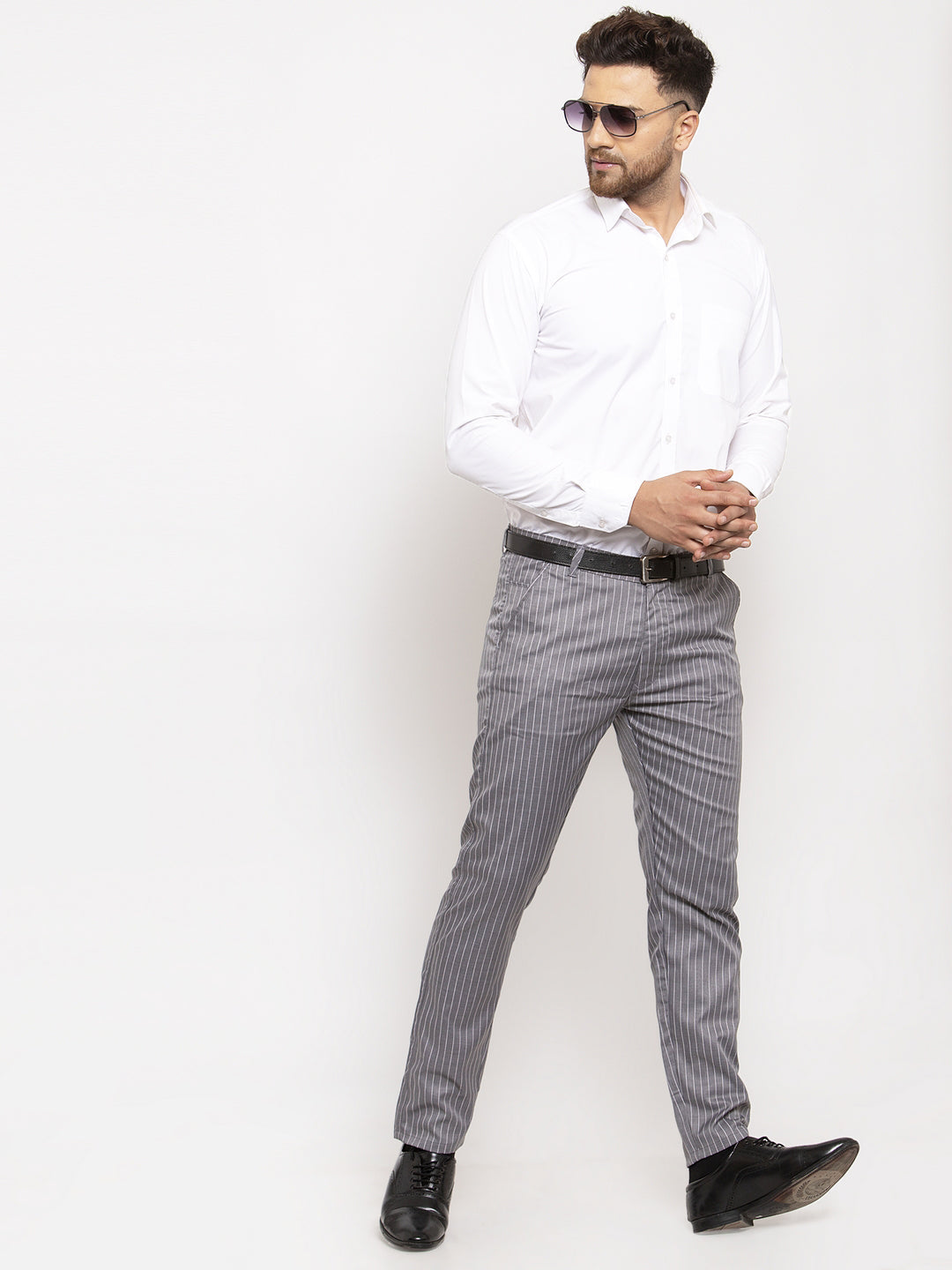 Jainish Men's Grey Cotton Striped Formal Trousers ( FGP 255Grey ) | Swadesiicart