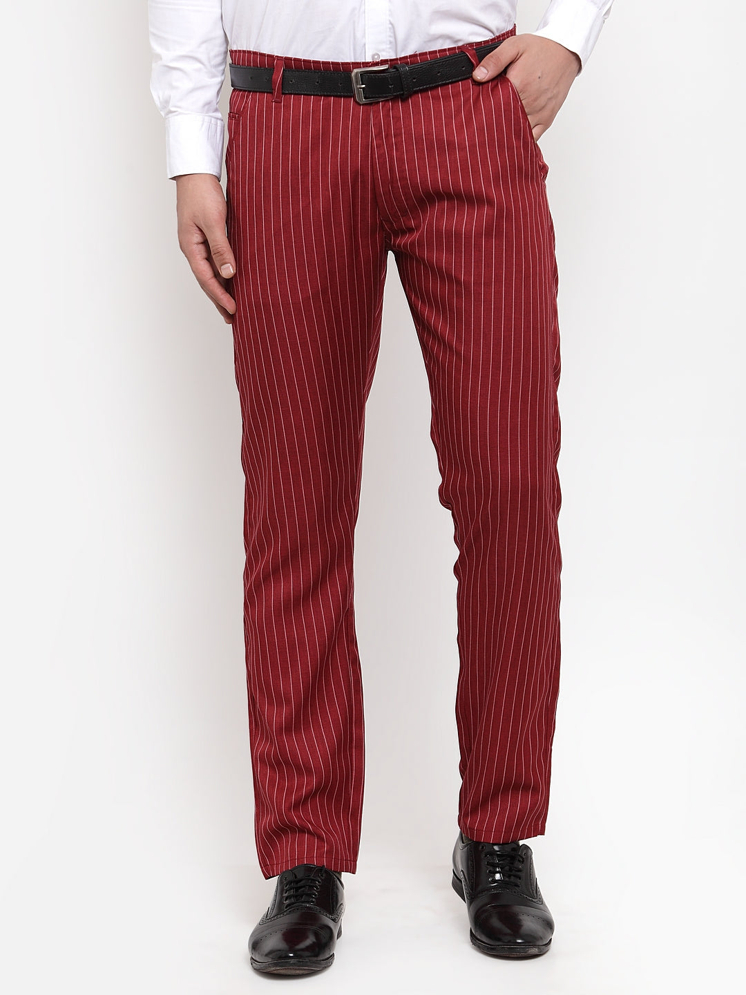 Jainish Men's Red Cotton Striped Formal Trousers ( FGP 255Maroon ) | Swadesiicart