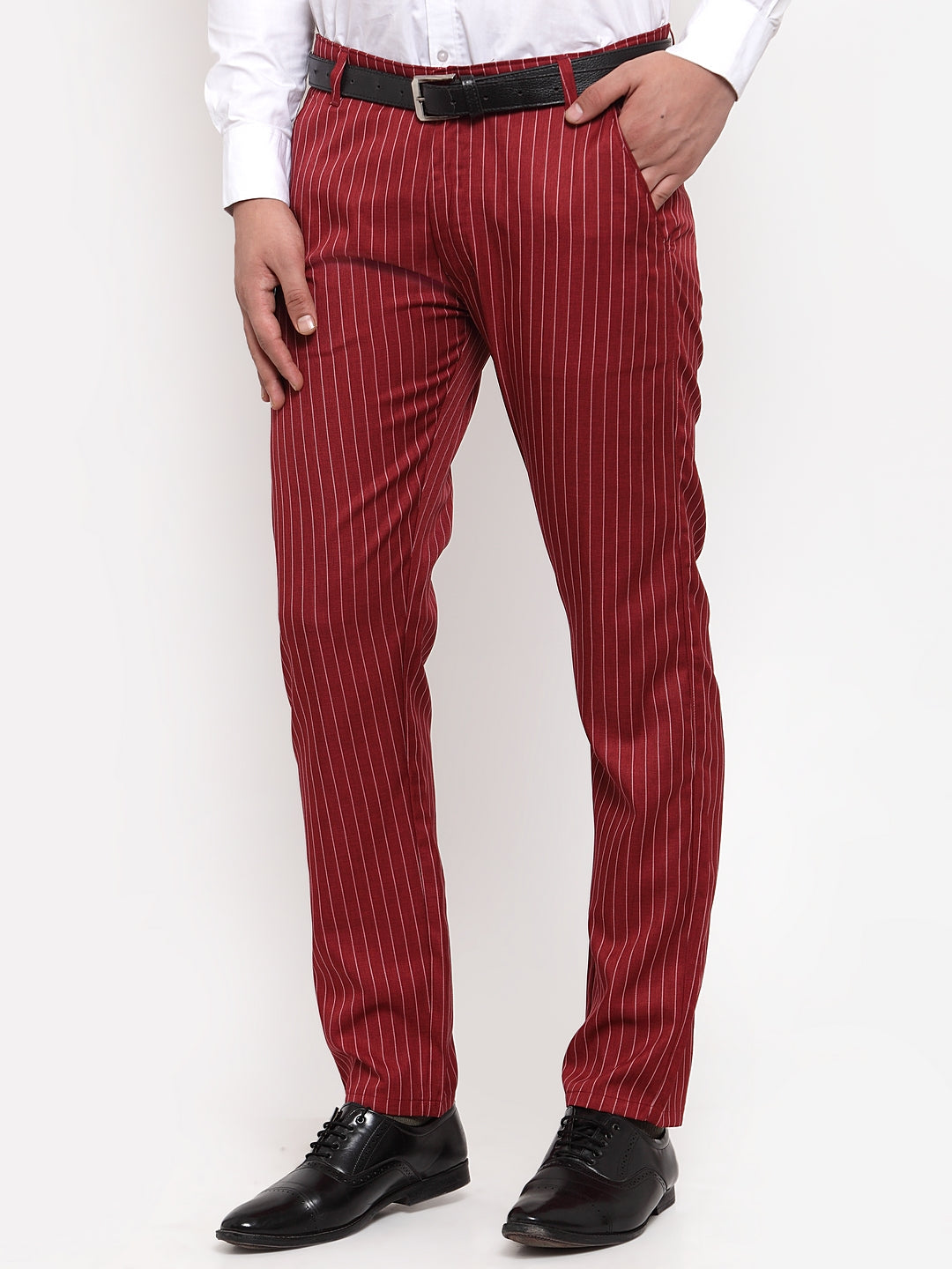 Jainish Men's Red Cotton Striped Formal Trousers ( FGP 255Maroon ) | Swadesiicart