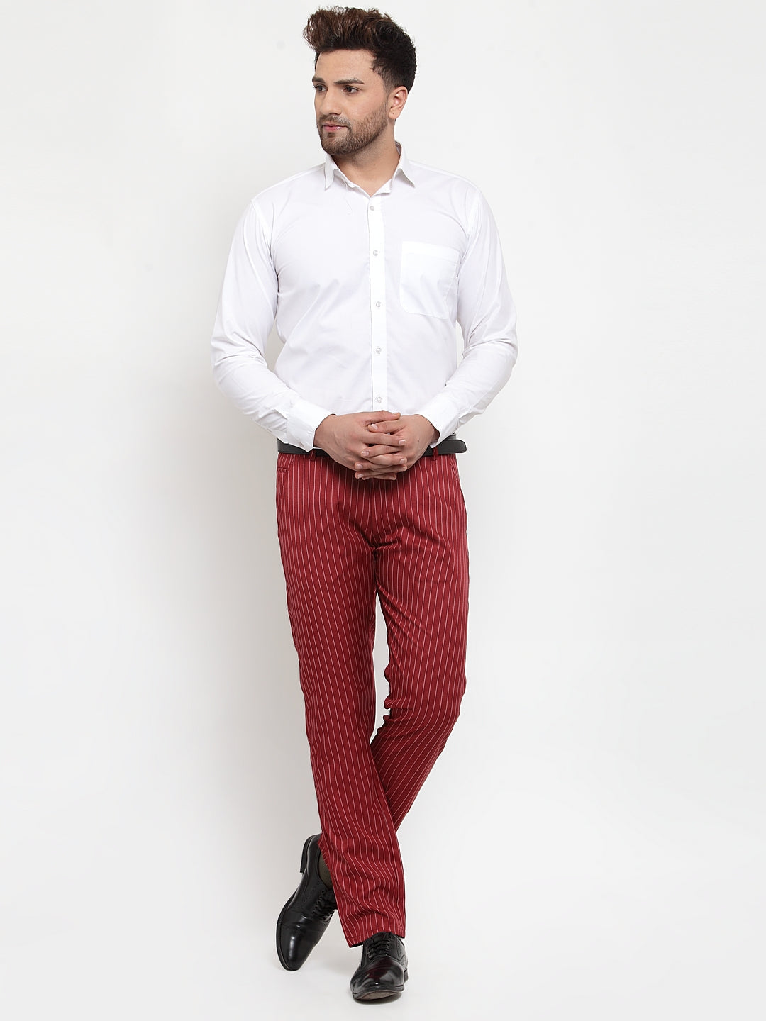 Jainish Men's Red Cotton Striped Formal Trousers ( FGP 255Maroon ) | Swadesiicart