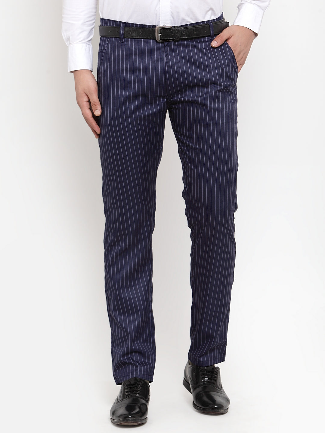 Jainish Men's Blue Cotton Striped Formal Trousers ( FGP 255Navy-Blue ) | Swadesiicart