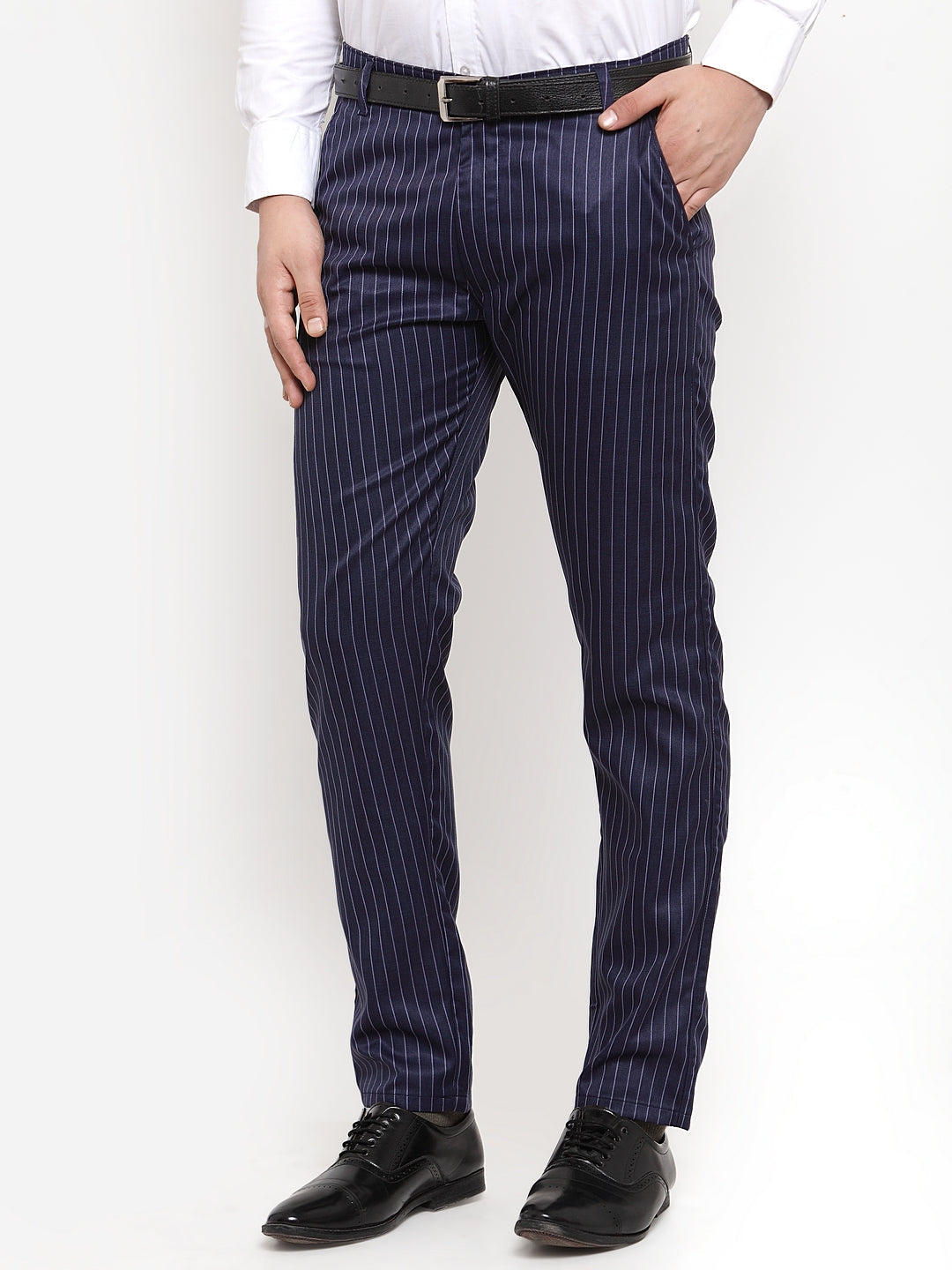 Jainish Men's Blue Cotton Striped Formal Trousers ( FGP 255Navy-Blue ) | Swadesiicart