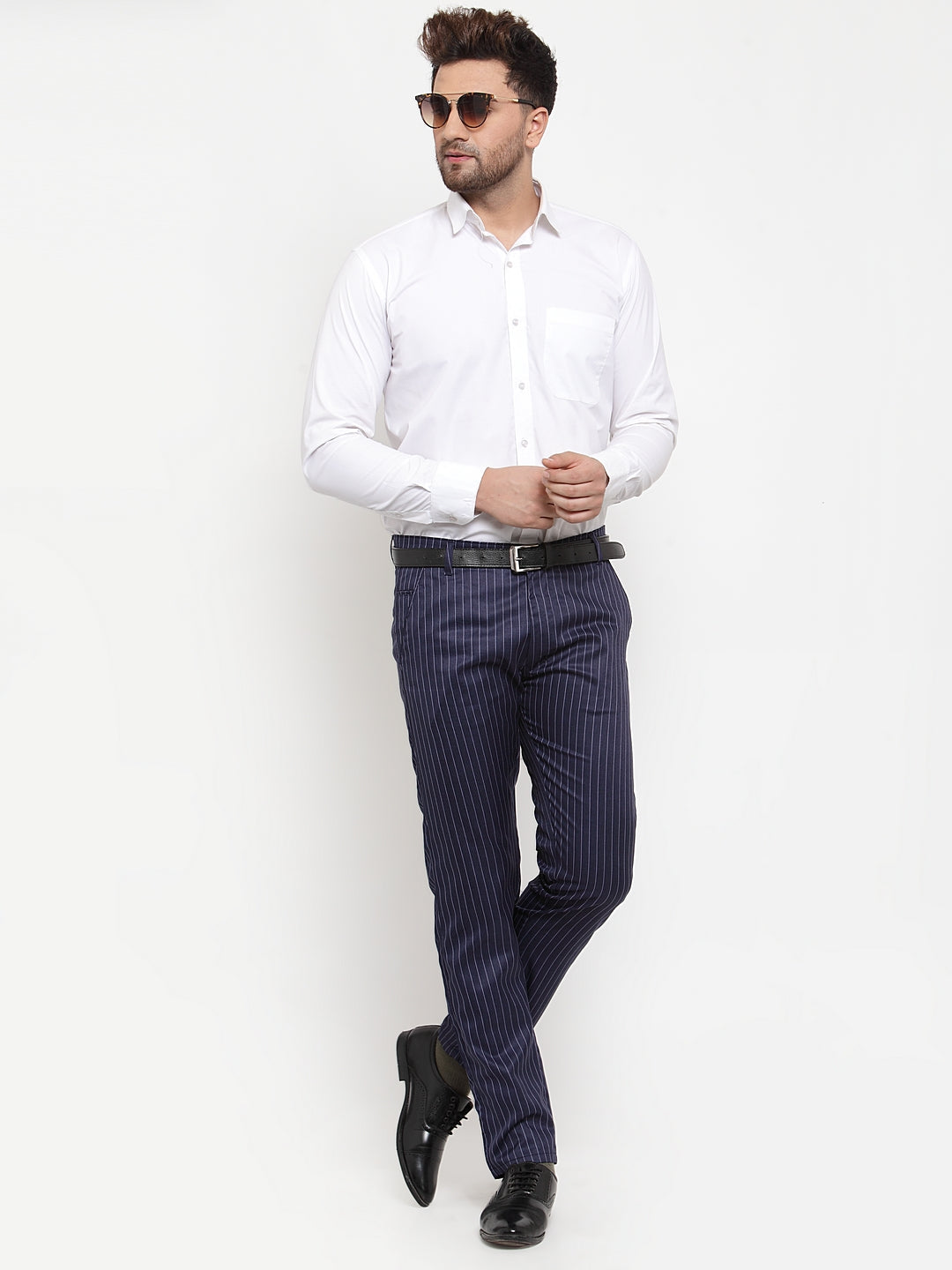 Jainish Men's Blue Cotton Striped Formal Trousers ( FGP 255Navy-Blue ) | Swadesiicart
