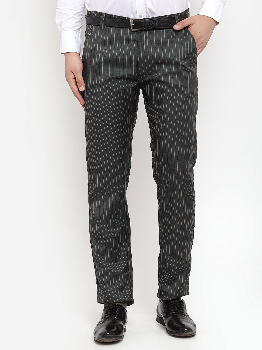 Jainish Men's Green Cotton Striped Formal Trousers ( FGP 255Olive ) | Swadesiicart