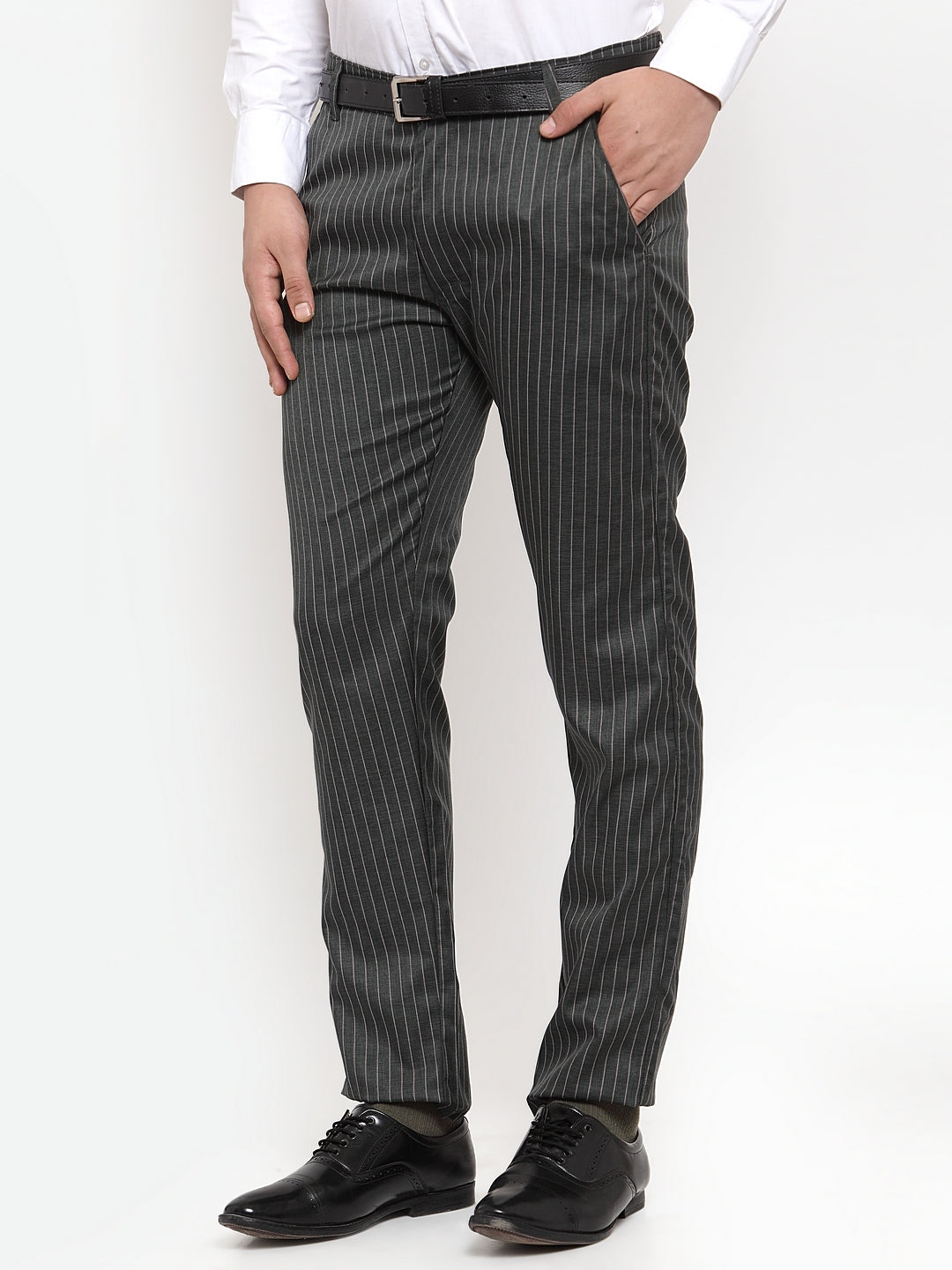 Jainish Men's Green Cotton Striped Formal Trousers ( FGP 255Olive ) | Swadesiicart