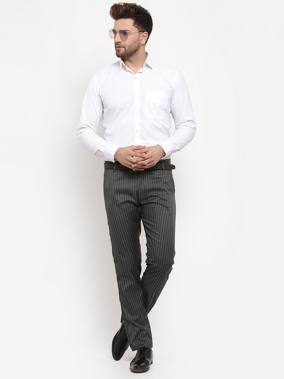 Jainish Men's Green Cotton Striped Formal Trousers ( FGP 255Olive ) | Swadesiicart