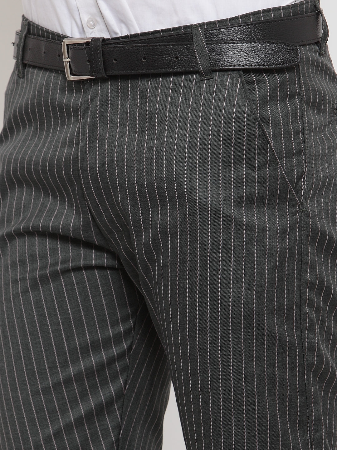 Jainish Men's Green Cotton Striped Formal Trousers ( FGP 255Olive ) | Swadesiicart