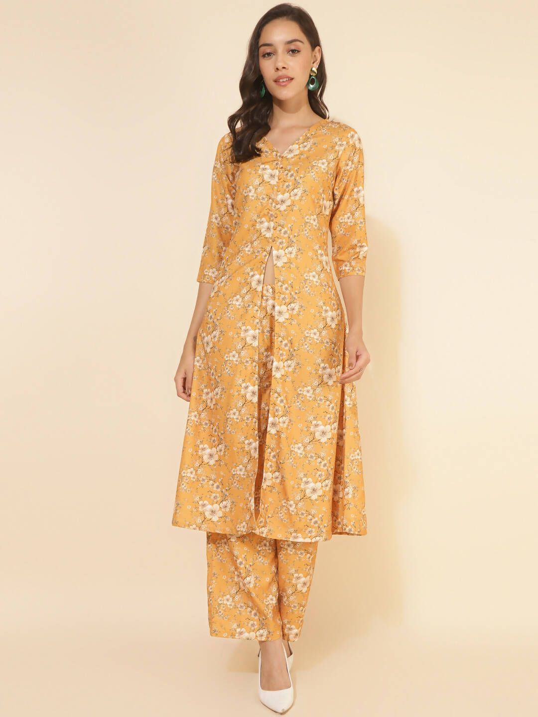 Janasya Women's Mustard Moss Floral Printed Casual Front Slit Co-ords - Swadesiicart