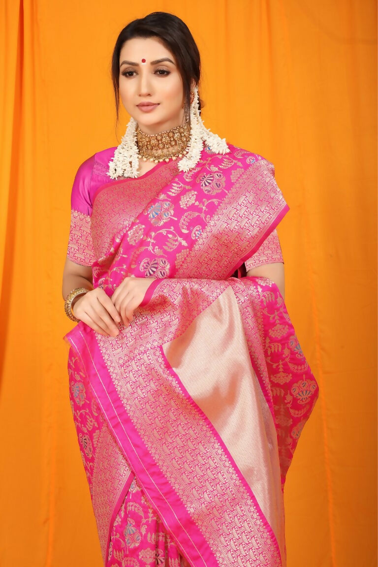 Jyoti Fashion Women's Rani Pink Kanjivaram Silk Zari Woven Saree with Blouse | Swadesiicart