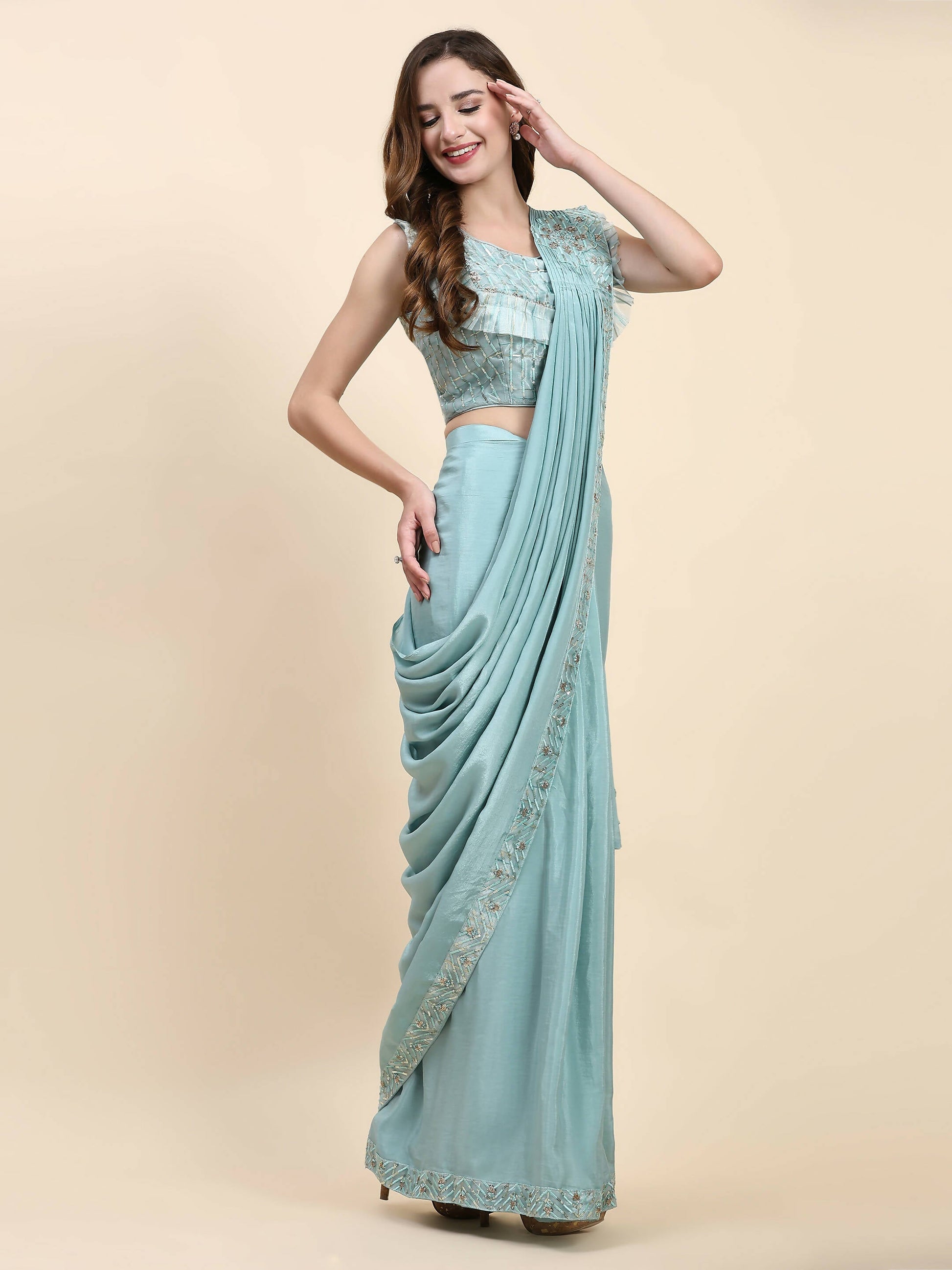 Sky Blue Silk Satin Solid Ready to wear Saree with stitched Blouse - Satiksha | Swadesiicart