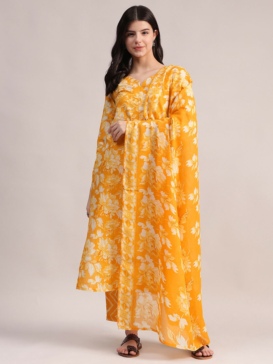 Aavyora Women Mustard Yellow Floral Printed Kurta with Chevron Printed Pants & Dupatta Set - Swadesiicart
