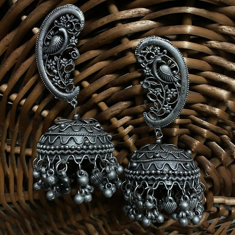 Peacock Shaped Tribal Design Oxidised Silver Plated Chandelier Jhumkas (VMC-PCK1) By House of Ree | Swadesiicart