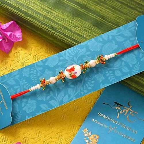 White Pearl Beads Rakhi & Laddu Hamper Combo | Swadesiicart