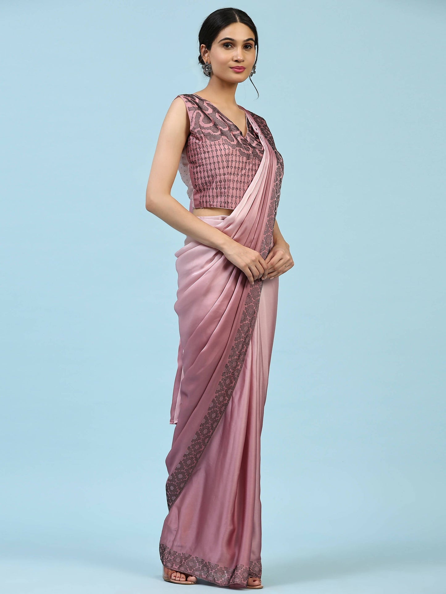 Purple Ombre Satin Georgette Plain Ready to wear Saree with stitched Blouse - Vrinda | Swadesiicart