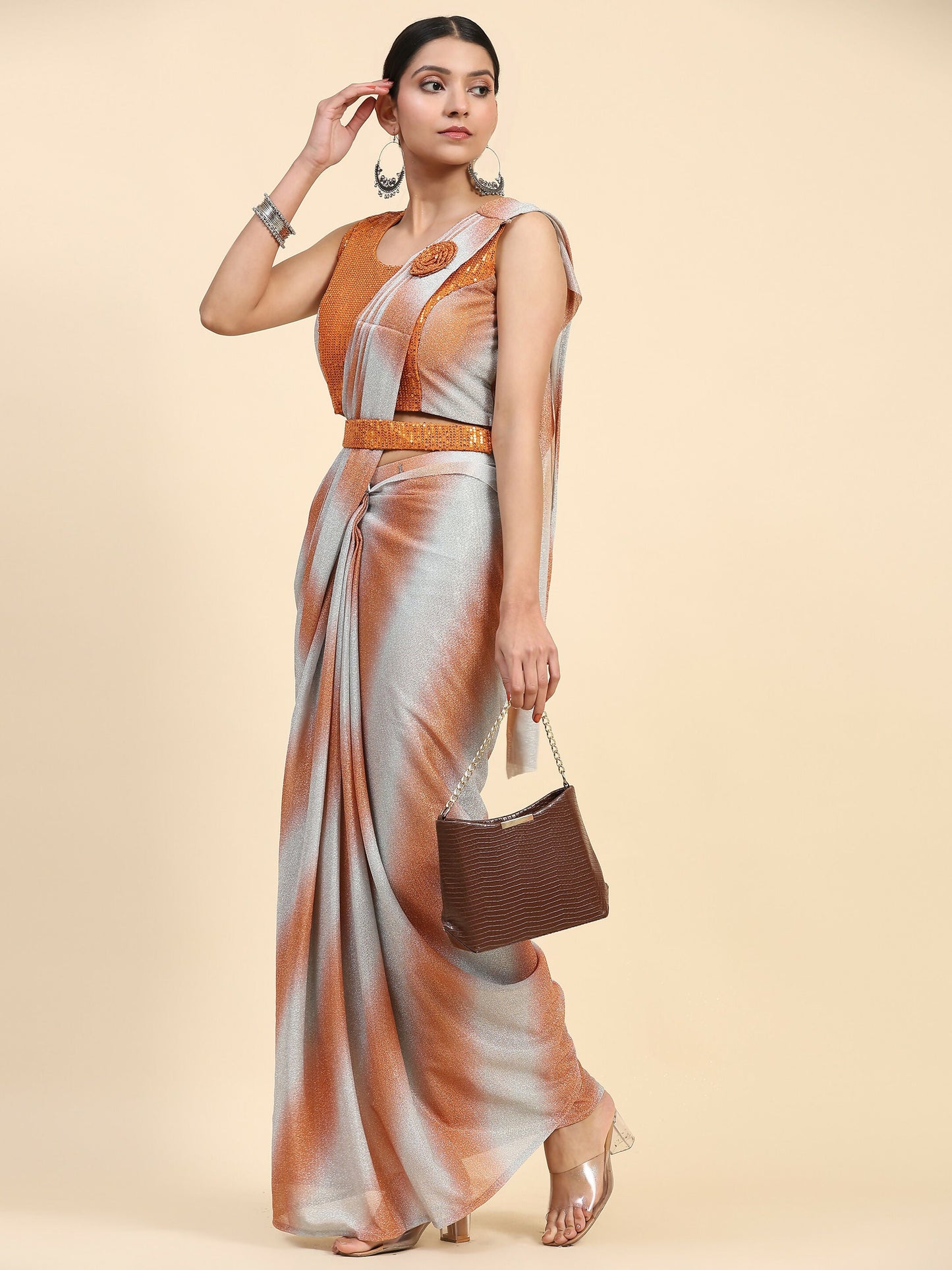 Orange Polyester Solid Ready to Wear Saree with stitched Blouse - Aayan | Swadesiicart