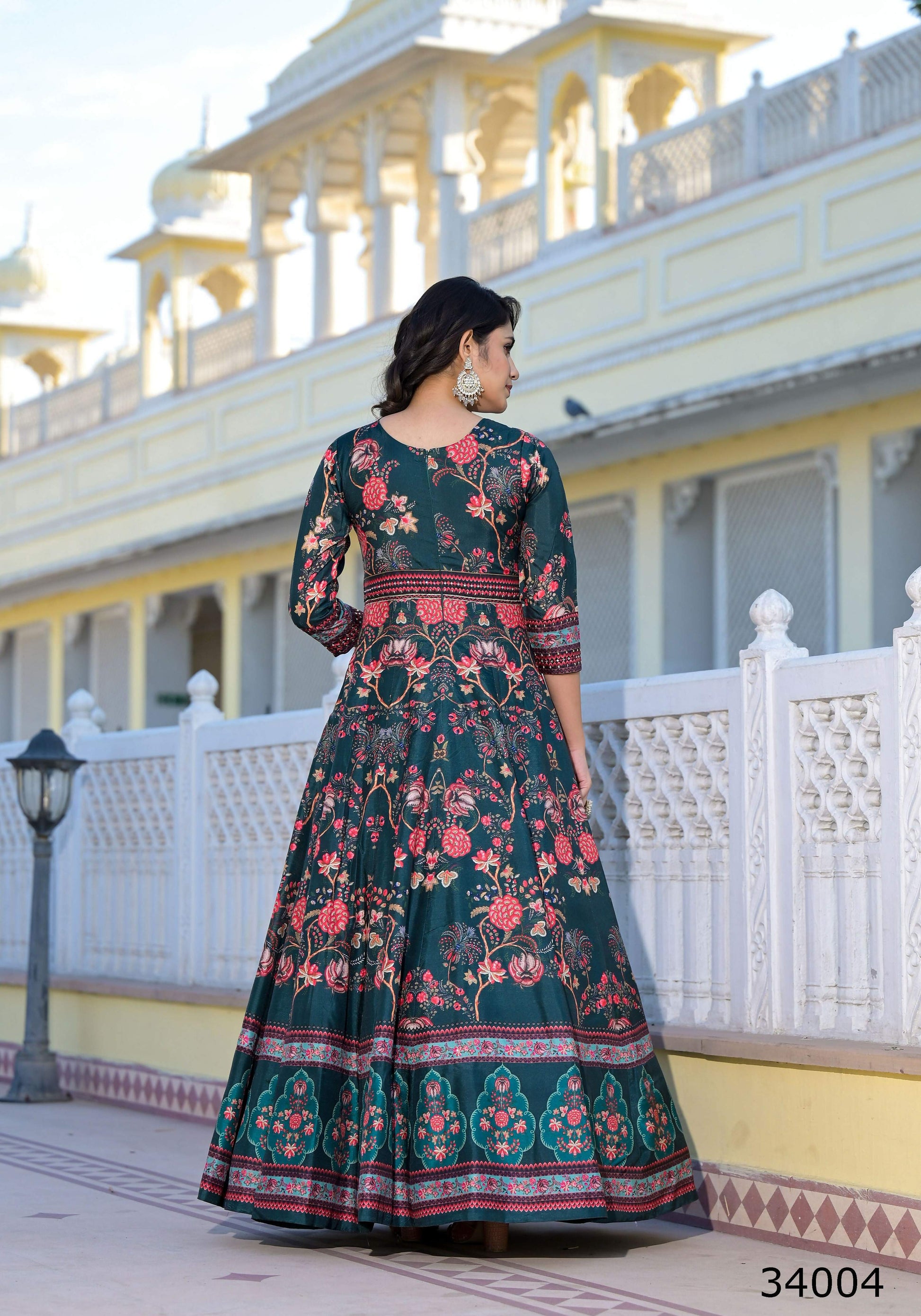Partywear Designer Green Dola Silk Anarkali suit with Dupatta - Suzen - Swadesiicart