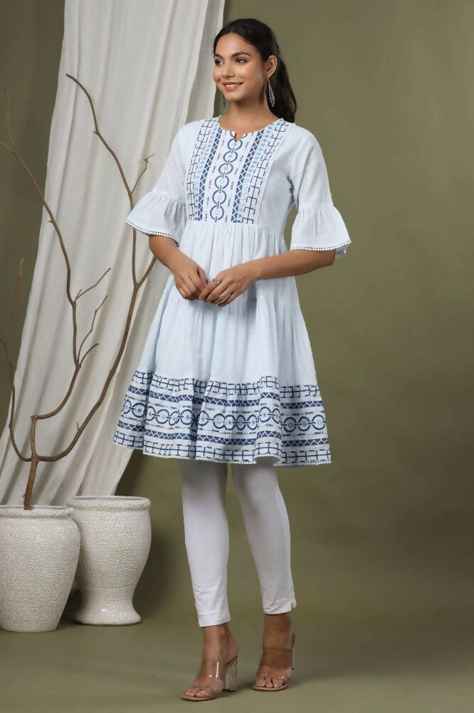 Juniper Sky Blue Cotton Dobby Festive Embroidered Tiered Dress For Women | Swadesiicart