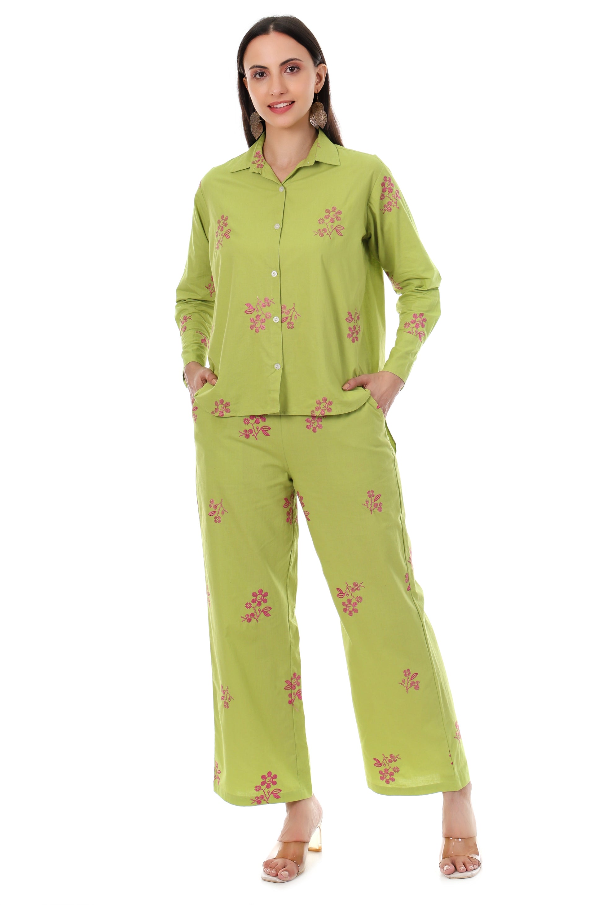 Jaitra Apparels Green Embroidered Premium Pure Cotton Co-Ord Set For Women - Swadesiicart