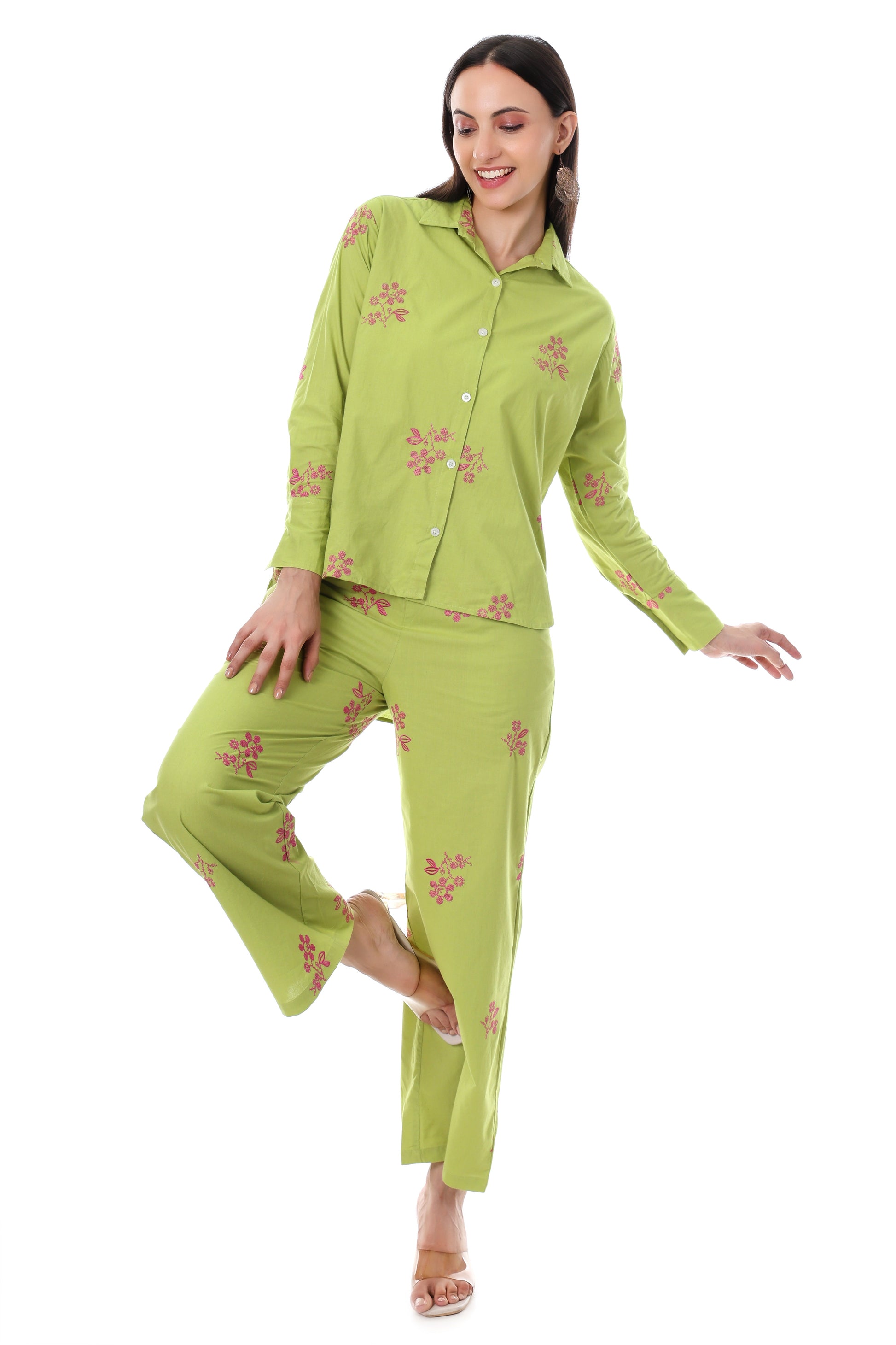 Jaitra Apparels Green Embroidered Premium Pure Cotton Co-Ord Set For Women - Swadesiicart