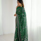 Lorenvalley Fashion Green Solo Georgette Superb Finishing Foils Print & Fancy Zalar Lace in Border Saree with Blouse - Swadesiicart