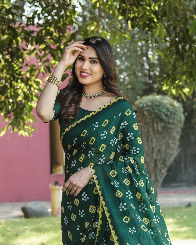 Anaita Green Woven Design Pure Bandhej Silk Saree With Blouse