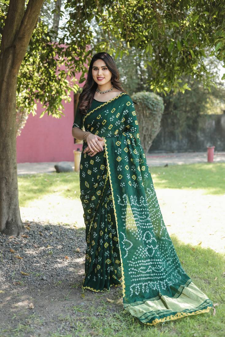 Anaita Green Woven Design Pure Bandhej Silk Saree With Blouse