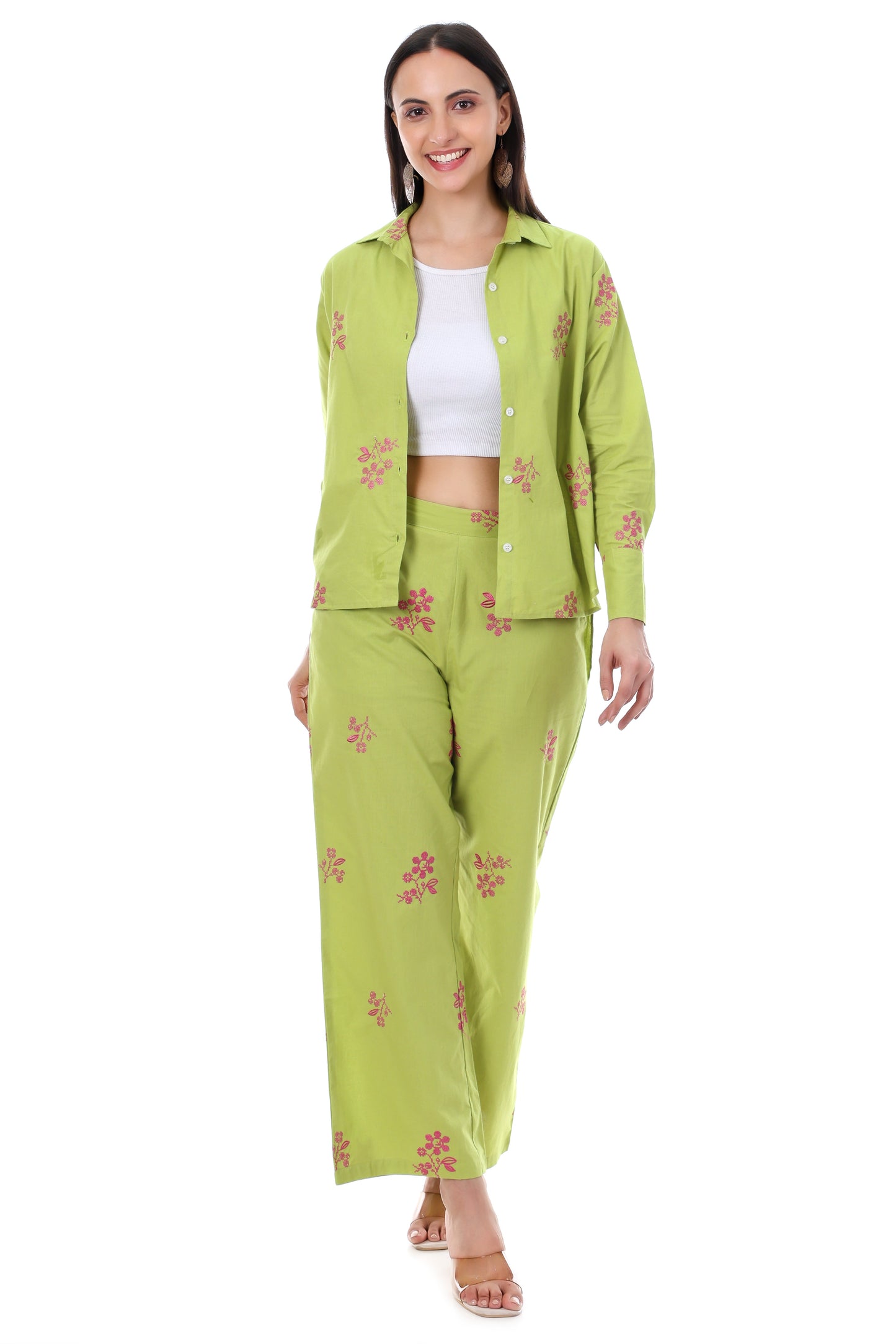 Jaitra Apparels Green Embroidered Premium Pure Cotton Co-Ord Set For Women - Swadesiicart