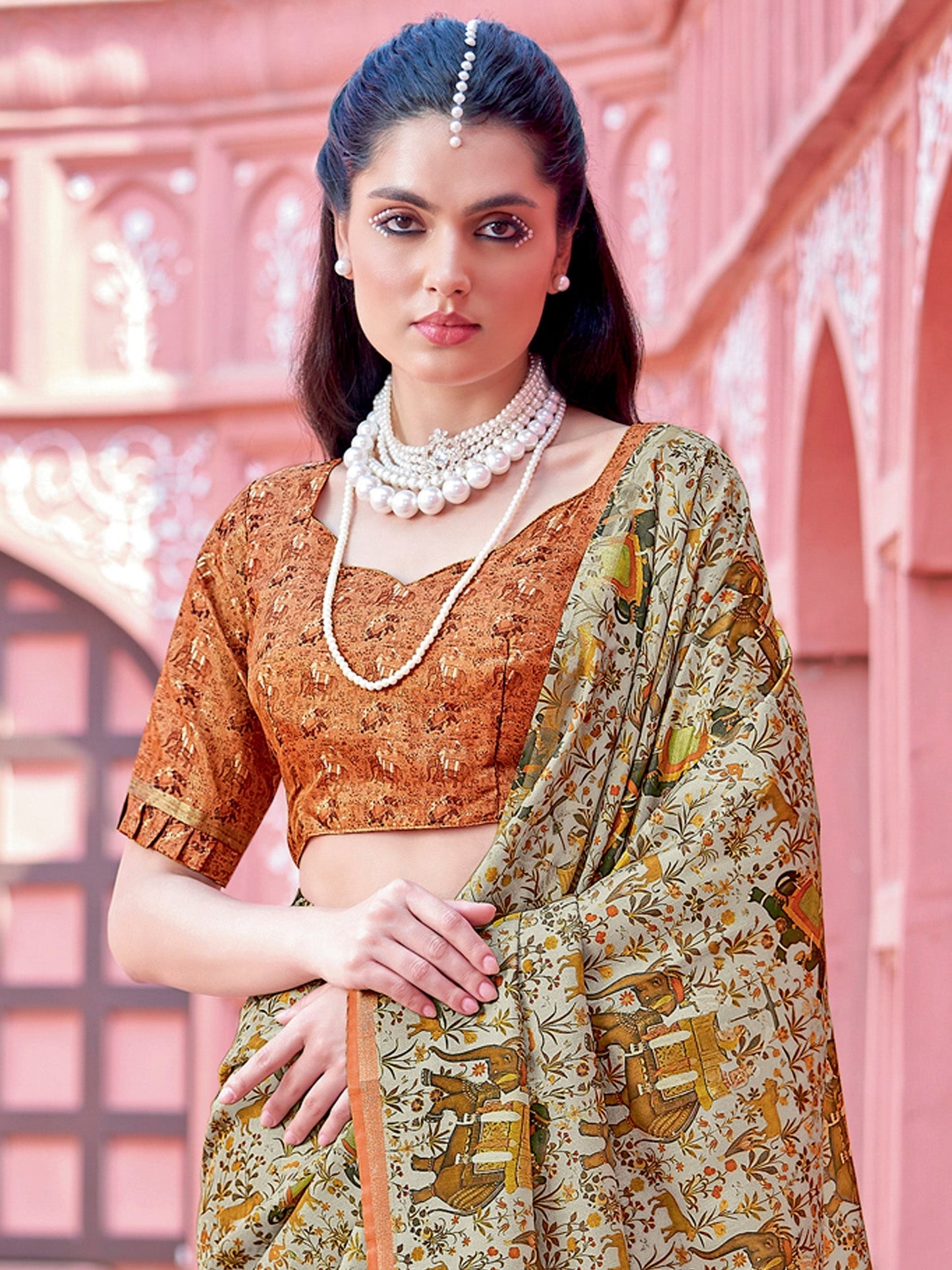 NOZ2TOZ Women's Banarasi Silk Beige Printed Designer Saree With Blouse Piece | Swadesiicart