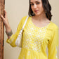 Vishudh Yellow Floral Embroidered Round Neck Thread Work Straight Kurta With Palazzos - Swadesiicart