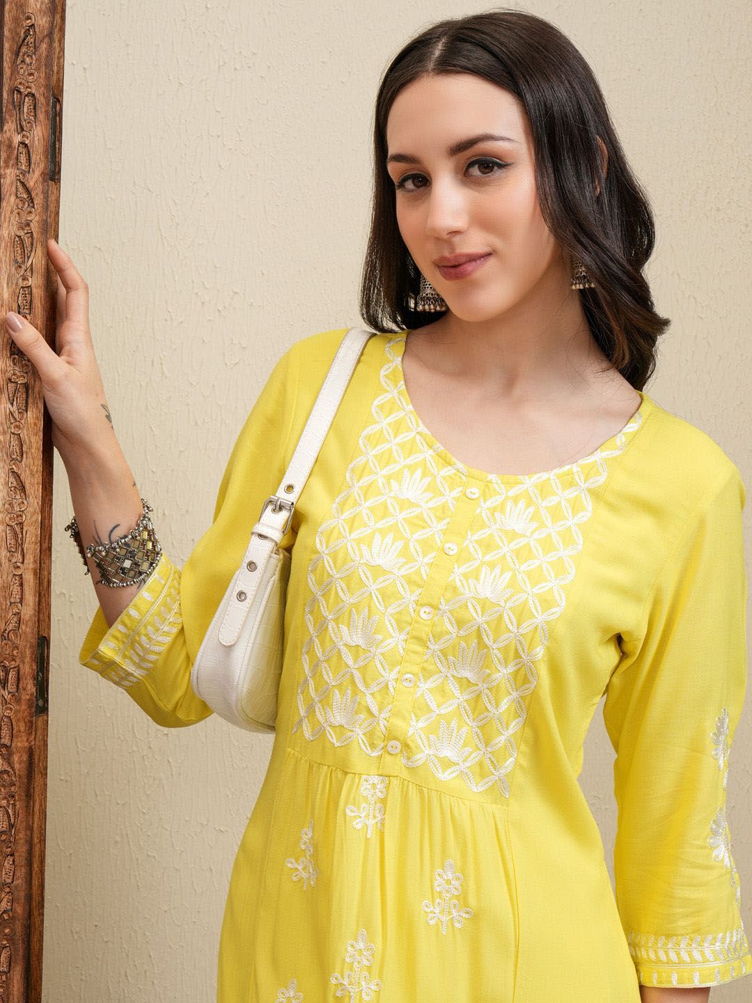 Vishudh Yellow Floral Embroidered Round Neck Thread Work Straight Kurta With Palazzos - Swadesiicart