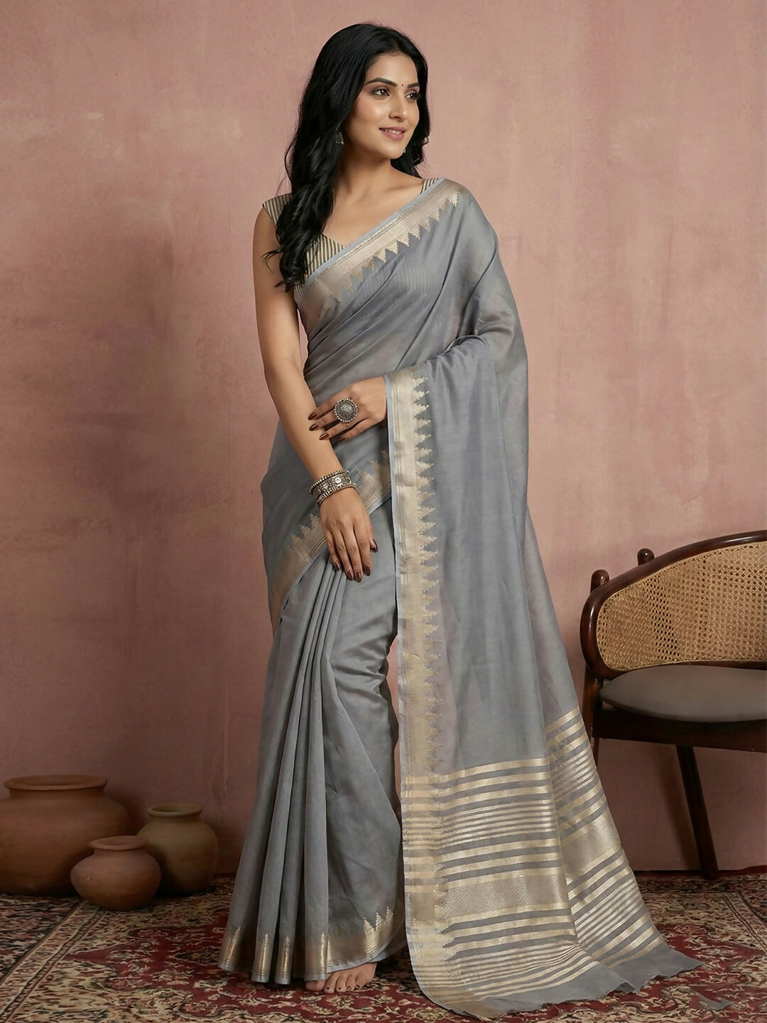 Shree Shyam Fashion Gray Cotton Saree